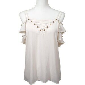 Express Womens White Spaghetti Strap Lace Up Cold Shoulder Cami Ruffle Sleeve La